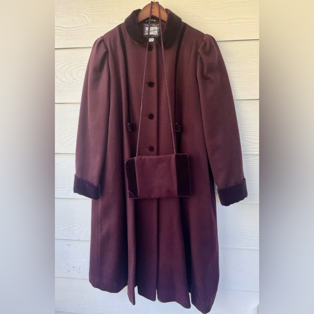 VTG Rothschild Wool Winter Long Coat & Hand warmer Purple Bow Detail youth 16